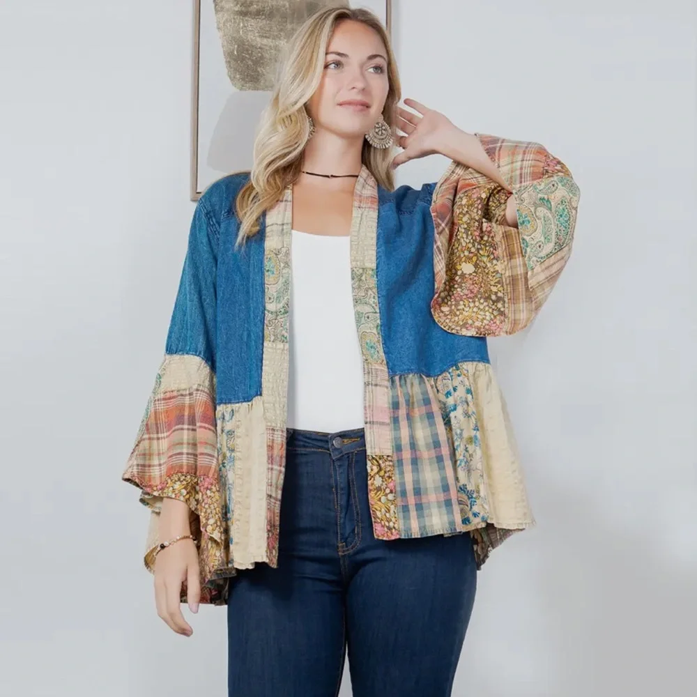 Patchwork Bohemian Jacket - Blue, Cream, Tan - Picture 2 of 6